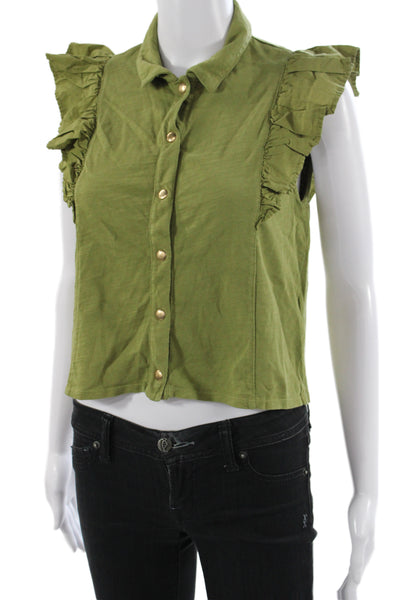 Nation LTD Womens Cropped Sleeveless Collared Cotton Button-Up Green Size XS