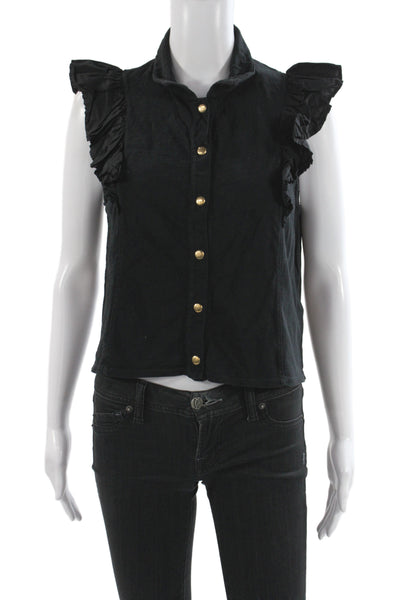 Nation LTD Womens Cropped Collared Button-Up Sleeveless Black Cotton Size S
