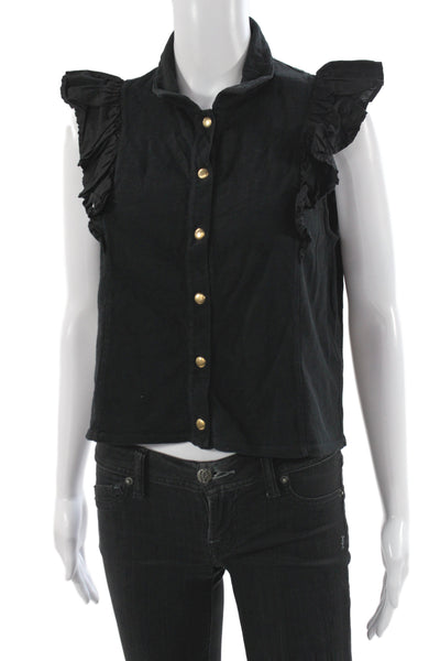 Nation LTD Womens Cropped Collared Button-Up Sleeveless Black Cotton Size S