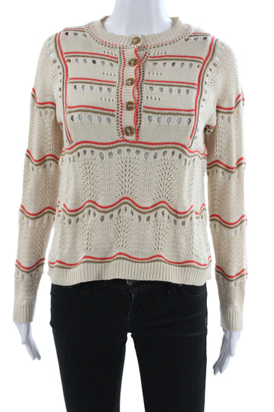 Heartloom Women Striped Henley Sweater Ivory Cotton Size XS