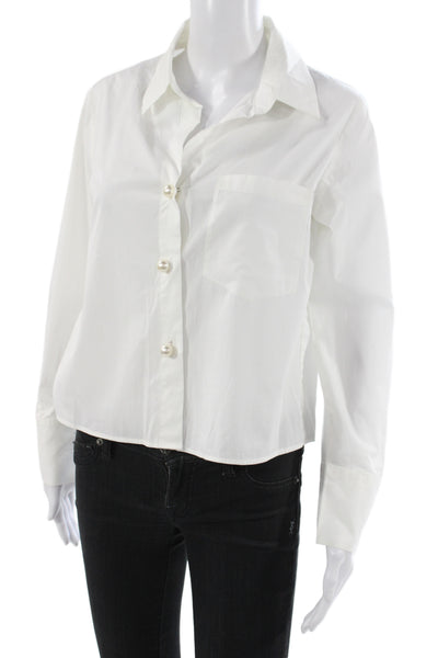 Zara Women Basic Collared Cotton Button-Up Long Sleeve White Size S