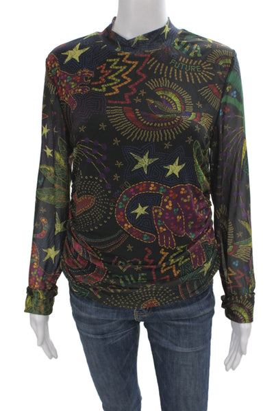 Farm Rio Women Jersey Blouse Black Mock Neck Long Sleeve Animal Print Size L