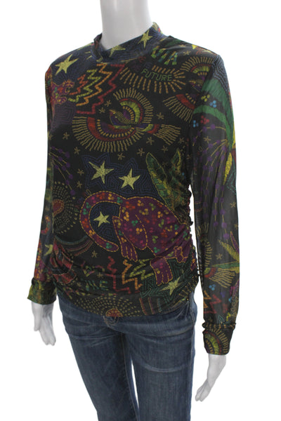 Farm Rio Women Jersey Blouse Black Mock Neck Long Sleeve Animal Print Size L
