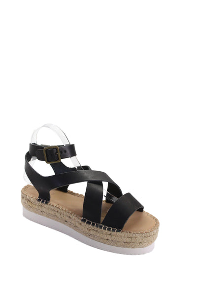 Soludos Womens Leather Woven Espadrille Platform Sandals Black Size 10