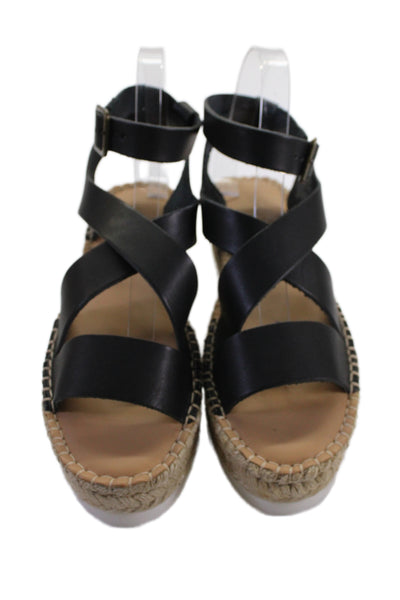 Soludos Womens Leather Woven Espadrille Platform Sandals Black Size 10