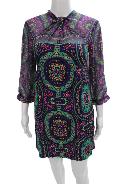 Nanette Lepore Women Multicolor Paisley Shift Dress High Neck 3/4 Sleeve Size 2