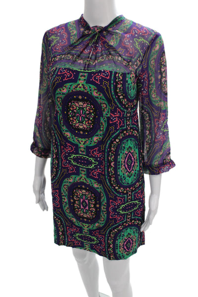 Nanette Lepore Women Multicolor Paisley Shift Dress High Neck 3/4 Sleeve Size 2