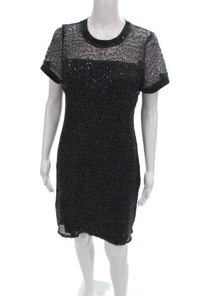 DKNY Women Sheath Sequin Black Knee Length Crew Neck Short Sleeve Dress Size L