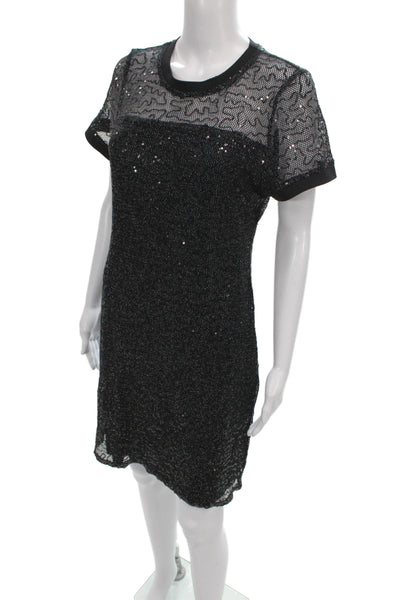 DKNY Women Sheath Sequin Black Knee Length Crew Neck Short Sleeve Dress Size L