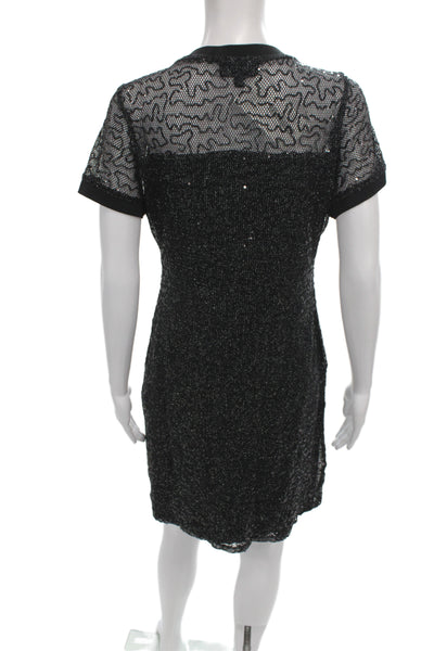 DKNY Women Sheath Sequin Black Knee Length Crew Neck Short Sleeve Dress Size L
