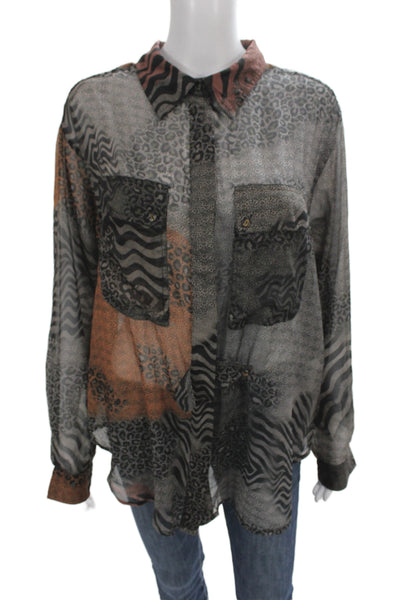 One Teaspoon Women Black Animal Print Collared Long Sleeve Basic Blouse Size M