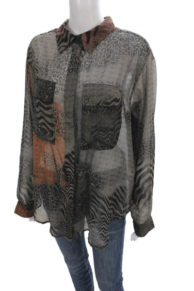 One Teaspoon Women Black Animal Print Collared Long Sleeve Basic Blouse Size M