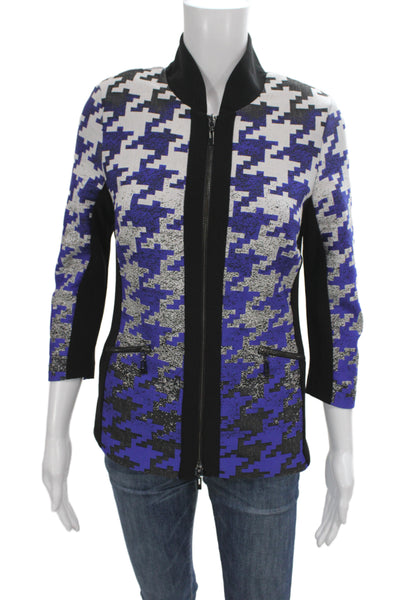 Joseph Ribkoff Women Blue Houndstooth Bomber High Neck 3/4 Sleeve Zip Size 8