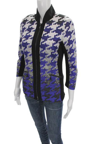 Joseph Ribkoff Women Blue Houndstooth Bomber High Neck 3/4 Sleeve Zip Size 8