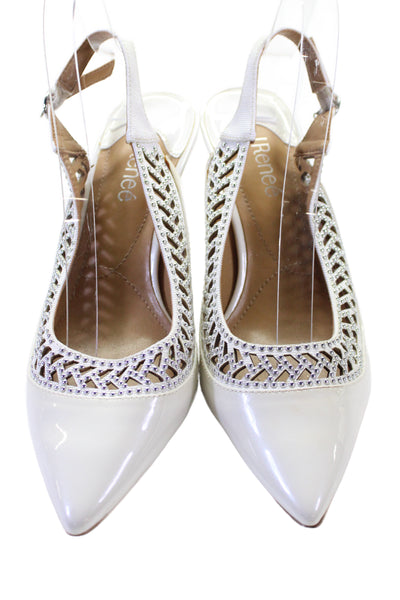 J.Renee Womens Studded Pointed Toe Slingbacks Heels Shoes White Size 9.5M