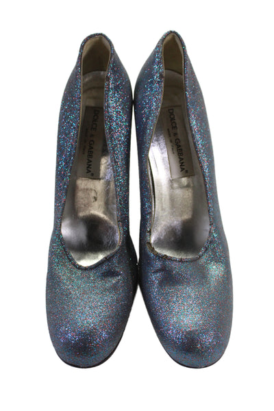 Dolce and Gabbana Womens Leather Glitter Spool Pump Heels Blue Purple Size 9
