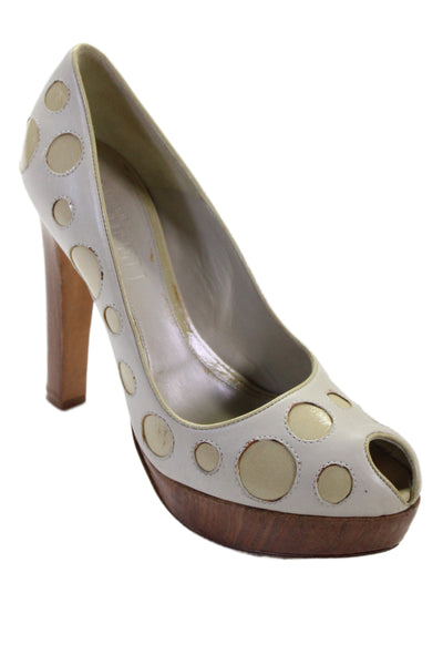 Alexander McQueen Womens Leather Polka Dot Wooden Platform Heels Beige Size 10