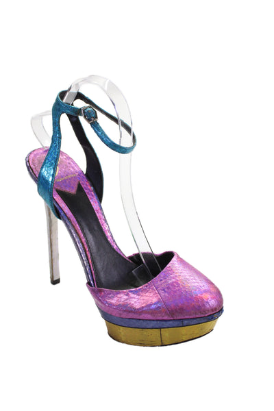 Brian Atwood Womens Leather Snakeskin Colorblock Platform Heels Pink Size 9