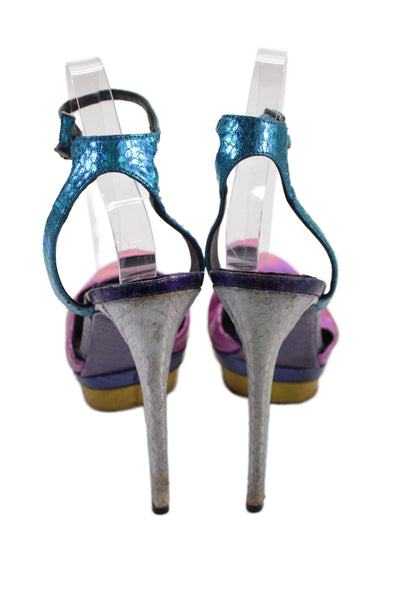 Brian Atwood Womens Leather Snakeskin Colorblock Platform Heels Pink Size 9
