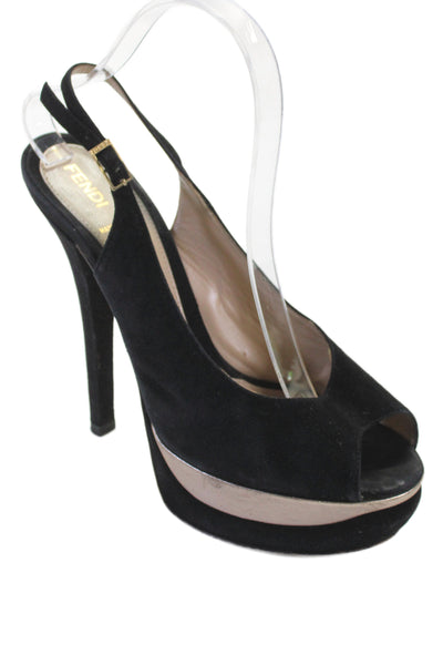 Fendi Womens Leather Suede High Stiletto Platform Heels Black Gold Size 9