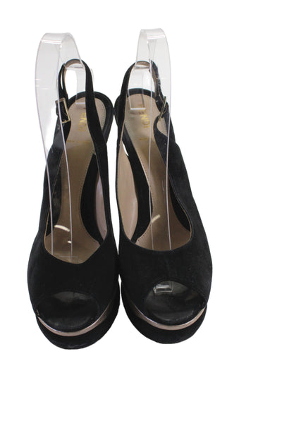 Fendi Womens Leather Suede High Stiletto Platform Heels Black Gold Size 9