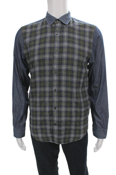 Vince Mens Button Front Long Sleeve Collared Plaid Shirt Blue Size Medium