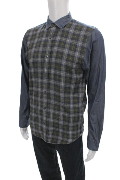 Vince Mens Button Front Long Sleeve Collared Plaid Shirt Blue Size Medium