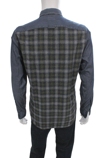 Vince Mens Button Front Long Sleeve Collared Plaid Shirt Blue Size Medium