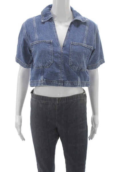 Zara Women Cropped Denim Collared Short Sleeve Blouse Blue Size XS
