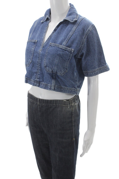 Zara Women Cropped Denim Collared Short Sleeve Blouse Blue Size XS