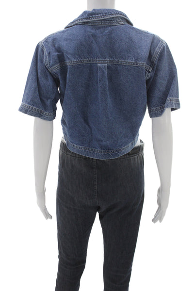 Zara Women Cropped Denim Collared Short Sleeve Blouse Blue Size XS
