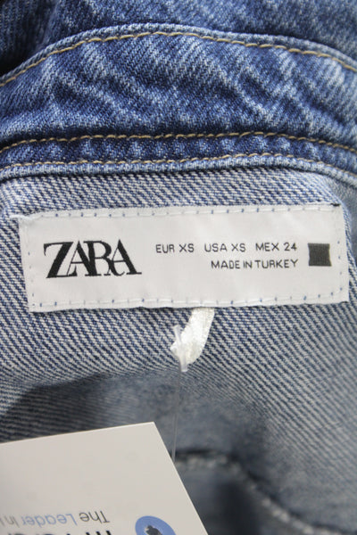 Zara Women Cropped Denim Collared Short Sleeve Blouse Blue Size XS