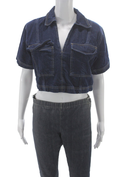 Zara Womens Cropped Denim Button-Up Collared Short Sleeve Blue Size XS