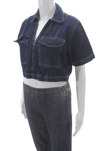 Zara Womens Cropped Denim Button-Up Collared Short Sleeve Blue Size XS