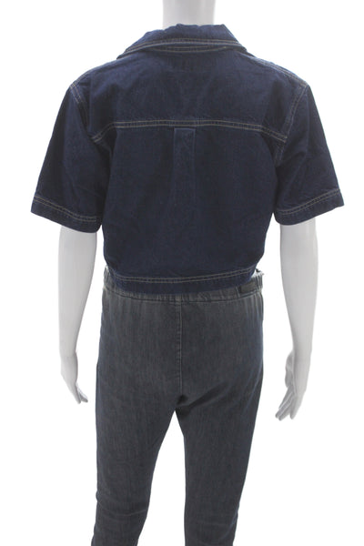 Zara Womens Cropped Denim Button-Up Collared Short Sleeve Blue Size XS