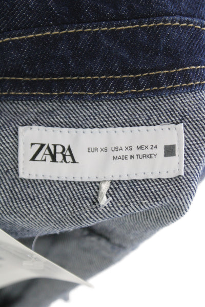 Zara Womens Cropped Denim Button-Up Collared Short Sleeve Blue Size XS