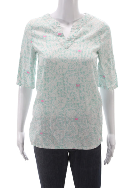 Vineyard Vines Women Green Tunic 3/4 Sleeve V-Neck Checked Size M