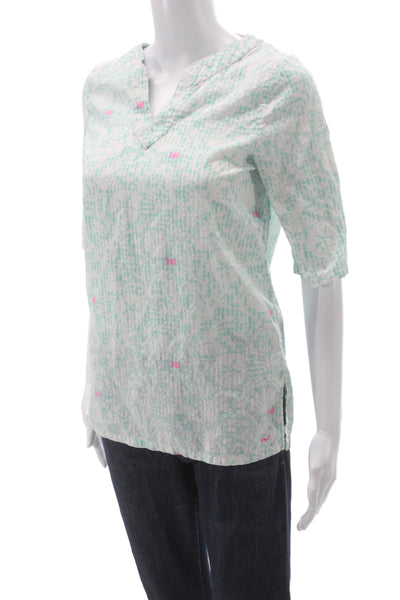 Vineyard Vines Women Green Tunic 3/4 Sleeve V-Neck Checked Size M