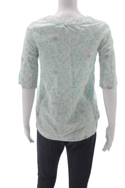 Vineyard Vines Women Green Tunic 3/4 Sleeve V-Neck Checked Size M