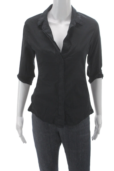 James Perse Womens Black Collared Button Up Cotton 3/4 Sleeve Basic Size 2