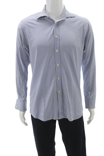 Charles Tyrwhitt Mens Cotton Collared Striped Long Sleeve White Blue Size L
