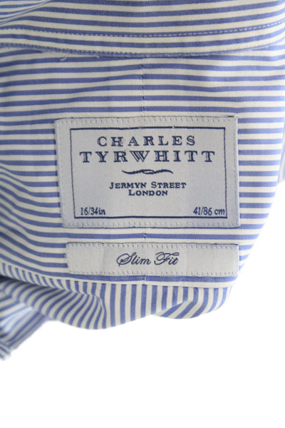 Charles Tyrwhitt Mens Cotton Collared Striped Long Sleeve White Blue Size L