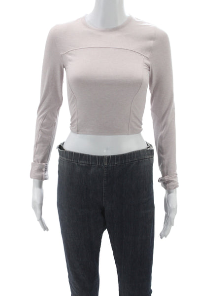 We Me Women Cropped Long Sleeve T-Shirt Beige Crew Neck Athleisure Size XS