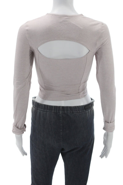 We Me Women Cropped Long Sleeve T-Shirt Beige Crew Neck Athleisure Size XS