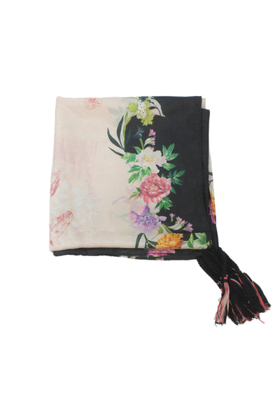 Johnny Was Womens Silk Floral Print Tasseled Classic Scarf Pink