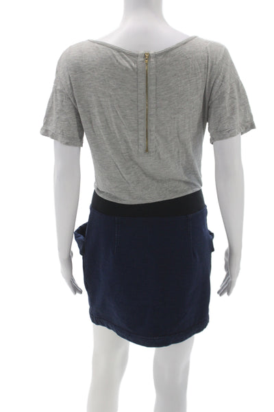 Theory Women Mini Dress Gray Scoop Neck Short Sleeve Zip Cotton Size S