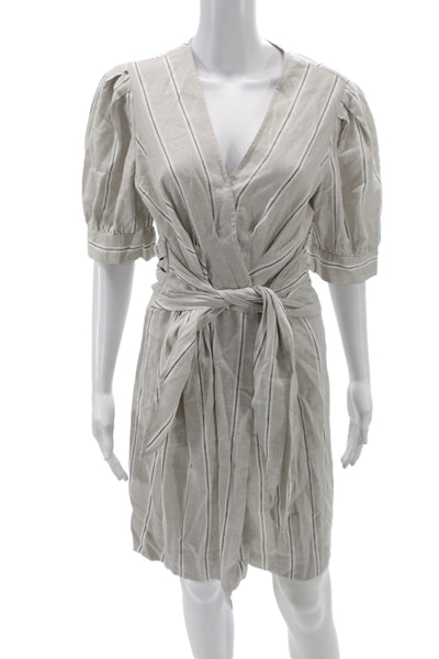 Finley Womens Wrap Dress Beige Striped V-Neck Half Sleeve Tie Waist Size S