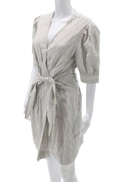 Finley Womens Wrap Dress Beige Striped V-Neck Half Sleeve Tie Waist Size S