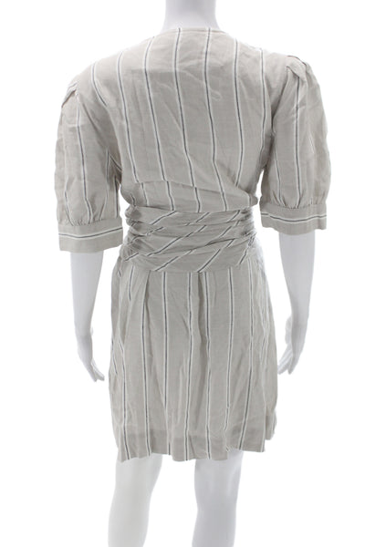 Finley Womens Wrap Dress Beige Striped V-Neck Half Sleeve Tie Waist Size S