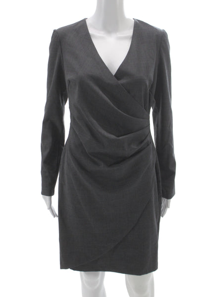 Barneys New York Women Gray Wool Wrap Dress Long Sleeve V Neck Size 4